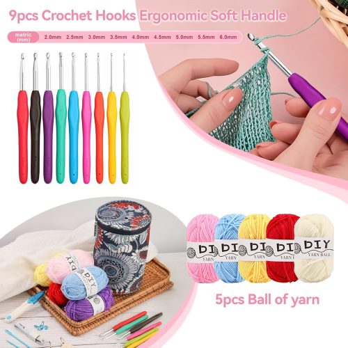 4 Blingcute Complete Crochet Kit for Beginners & Adults,Starter Set with 9 Ergonomic Hooks(2.0-6.0mm), 5 Acrylic Yarns, Blue Tote Bag & Accessories, Perfect for Learning, Gifts & DIY Projects
