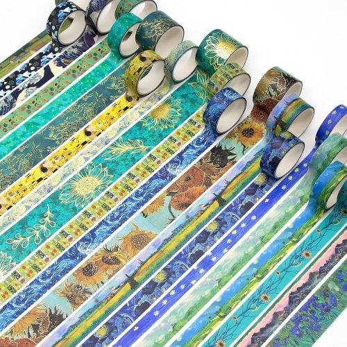 4 Washi Tape Set, 36 Rolls Van Gogh Vintage Gold Washy Tape, Wide Decorative Tape for Journaling, Scrapbooking Supplies,Vision Board Supplies, 6 Sizes Craft Watercolor Tape
