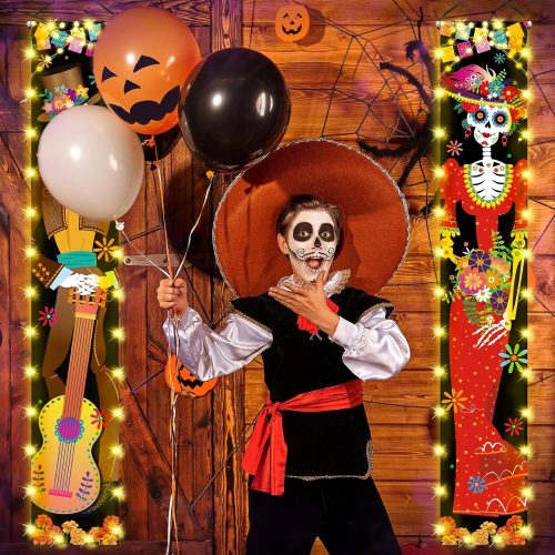4 Retisee 2 Pcs Dia De Los Muertos Decorations Day of The Dead Lighted Porch Sign Banners 12 x 72" Skull Hanging Wall Door Banner for Halloween Party Decorations Indoor Outdoor