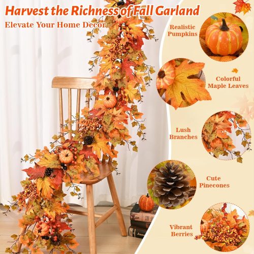 4 Fall Garland for Mantle, 5.9 FT Artificial Fall Leaves Garland with Lights Maple Leaves Pumpkins, Gorgeous Fall Decorations for Home Front Door Mantel Centerpieces Thanksgiving Decor
