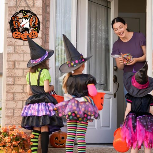 4 Pigort Halloween Decor Front Door Outdoor Decorations Pumpkin Boo Door Sign Wall Plaque for Party Wreath (E)