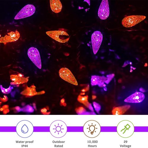 4 WATERGLIDE Halloween C6 String Lights, 33ft 100 LED Black Wire Fairy Lights with 29V Safe Adaptor, 8 Lighting Mode, Waterproof for Indoor Outdoor Patio Xmas Tree Party Decor, Orange & Purple