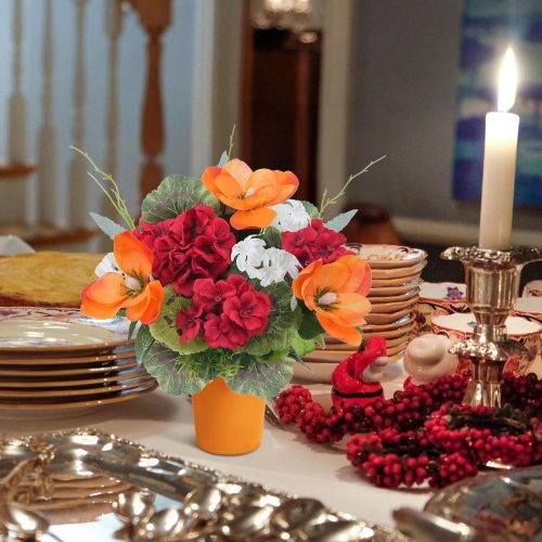 4 2 Pack Artificial Fall Flowers Decorations for Home Fall Small Fake Plants Potted Orange Silk Flowers in Vase Centerpieces for Tables Tabletop Harvest Office Desk Shelf Farmhouse Rustic Coffee Decor