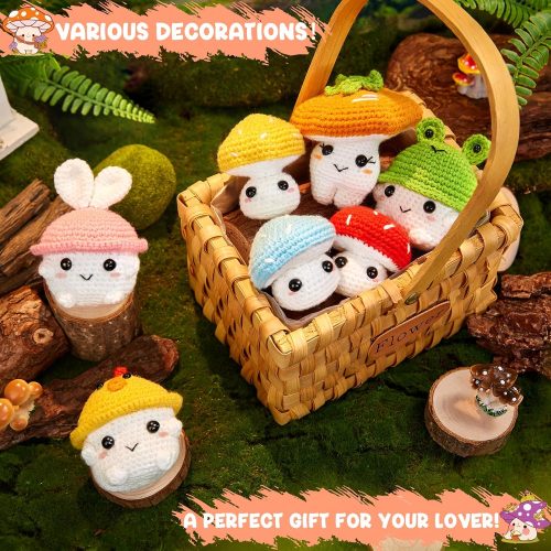 4 MAGIMUSE Crochet Kit for Beginners, Crochet Starter Kits for Adults Amigurumi Craft Knitting Crocheting Kits with Step-by-Step Video Tutorials, Mushroom Family(40%+ Yarn