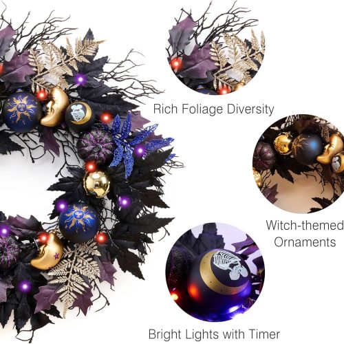 4 DecorbyHannah Collapsible Halloween Door Wreath, 24 Inch Light Up Black Halloween Wreaths for Front Door with Maple, Pumpkins and Witch Ornaments Decorations Indoor Outdoor for Porch Window
