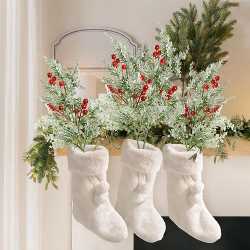 4 Sggvecsy 6 Pack Snowy Artificial Pine Branches Frosted Faux Cedar Spray with Red Berries Christmas Balls 19’’ Greenery Cedar Picks Christmas Cedar Stems for DIY Garland Wreath Xmas Home Decoration