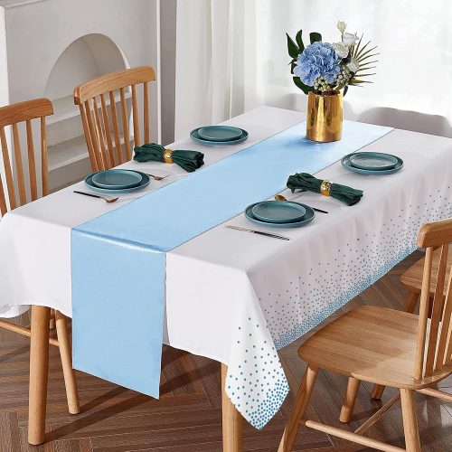 4 8Pack Disposable Plastic Tablecloths and Satin Table Runner Set White and Light Blue Dot Tablecloth Light Blue Satin Table Runner for Wedding Birthday Baby Shower Engagement Christmas Party Supplies