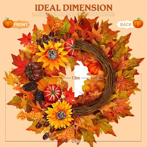 4 24-26Inch Fall Wreaths for Front Door,Pumpkin Wreath with Peonies Hydrangea,Large Autumn Wreath for Front Door Outside Indoors,Halloween Thanksgiving Farmhouse Fall Decorr