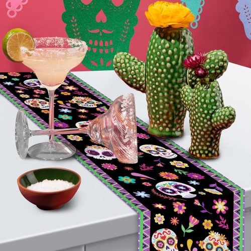 4 Day of The Dead Table Runner 72 x 13 Inch Decorations, Dia De Los Muertos Sugar Skull Mexican Fiesta Carnival Table Cover Decor, Rustic Linen Altar Themed Party Supplies for Home Kitchen Dining Mantel