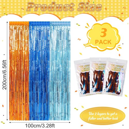 4 3 Pack 3.3X6.6Ft Blue Dog Foil Fringe Curtains Backdrop Decorations, Orange and Light Blue Birthday Party Tinsel Metallic Streamers Photo Booth Background for Dog Theme Party Supplies