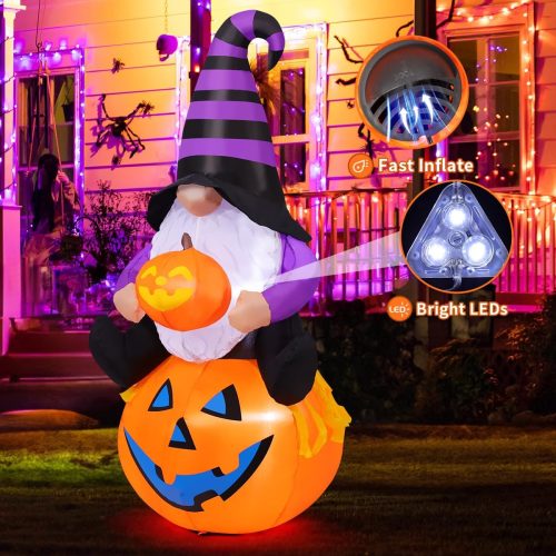 4 GOOSH 5 FT Halloween Gnome Inflatable with Pumpkin Outdoor Decorations Gnome Blow Up Yard Built-in LEDs for Garden Lawn Indoor Party Decor