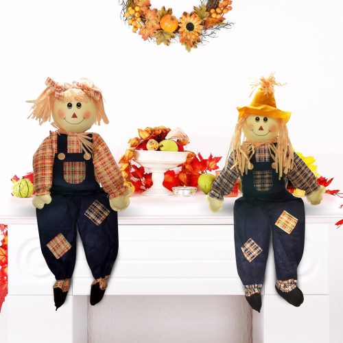 4 Gift Boutique Thanksgiving Sitting Scarecrow Decor 36 Inch Large Boy Girl Fall Decoration for Porch Yard Garden Fireplace Mantel Indoor Outdoor Use