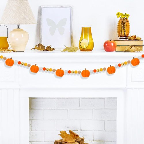 4 8.2Ft Fall Thanksgiving Felt Garland 3D Pumpkin with Gold Bead Hanging Banner Orange Yellow White Pom Ball Banner for Autumn Party Supplies Home Wall Decor