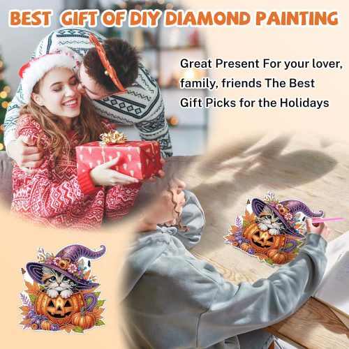 4 Bowetile Halloween Diamond Art Hanging Kits for Adults Kids, Cat Diamond Art Suncatchers, 5D Special Shape Fall Diamond Painting Pendant Window Ornament Gifts for Home Garden Door Wall Decor