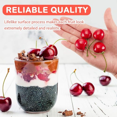 4 Skylety 50 Pieces Fake Cherries Artificial Fruit Decorations Red Simulation Cherry Fake Fruit Model for Party Decor Home Kitchen Cabinet Photography Prop Cognitive Favors (Red)