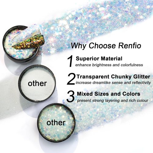4 Renfio Opal Chunky Glitter, 1.75oz/50g Blue High Sparkle for Crafts - Holographic Fine Mix Iridescent Flakes for Resin, Nails, Art, Hair, DIY, Snow Globe - Azure Sky