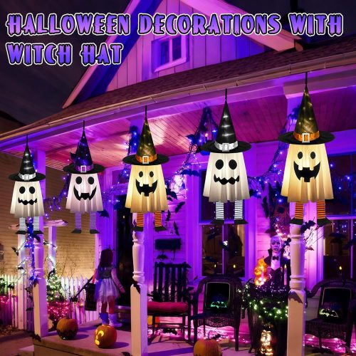 4 Halloween Decorations Outdoor - 3PCS Halloween Hanging Light up Ghosts, Orange & Purple & White Spooky Glowing Ghost Witch Hat for Garden Yard Tree Haunted Houses Indoor Outside