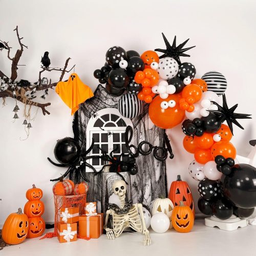 4 Halloween BOO Balloon Arch Garland Kit, Orange Black White Spooky Pumpkin Face Print Latex Balloons with Eyeball Spider Explosion Star Foil Balloon for Trick or Treat Scary Birthday Party Decorations
