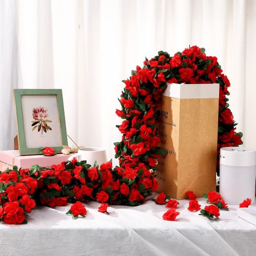 4 12 Pcs 100 ft Flower Garland Artificial Rose Vine with Green Leaves Hanging Artificial Flower Vines Ivy Garlands Wall Garden Decor for Room Wedding Birthday Arch Decor(Red)