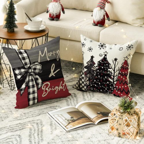 4 AVOIN colorlife Merry Christmas Joy Xmas Trees Red Throw Pillow Covers, 18 x 18 Inch Christmas Winter Holiday Cushion Case Decoration for Sofa Couch Set of 4