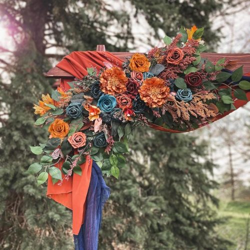 Roses Artificial Flowers Bouquet Box Set Fake Flower for DIY Bridal Wedding Shower Decorations Centerpieces for Table Faux Silk Floral Arrangement for Party Home Decor Indoor Teal Orange