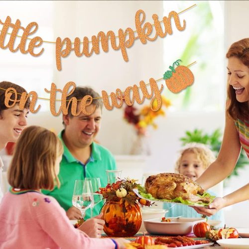 Saliyaa Pumpkin Baby Shower Banner Orange Glitter 'A Little Pumpkin Is On The Way' Thanksgiving Fall Theme Gender Reveal Party Decoration