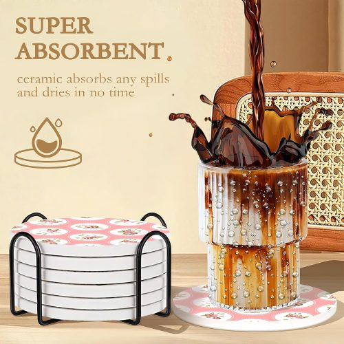 Drink Coasters,6 Pcs Shabby Chic Flower Coffee Cup Mat with Storage Holder, Durable Ceramic Coaster Set for Hot & Cold Beverages