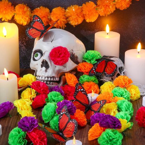 WILLBOND 62 Pcs Day of The Dead Decorations Include 50 Pcs Marigold Flower Heads and 12 Monarch Butterfly for Dia De Muertos Decor Diwali Indian Home DIY Wreath Garland Halloween Craft(Multicolor)