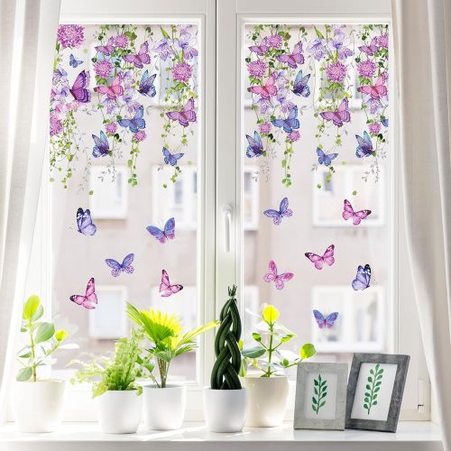 4 4 Sheet Spring Purple Floral Window Clings Watercolor Hanging Flower Leaf Butterfly Reusable Window Decals for Wedding Party Home Window Glass Decor