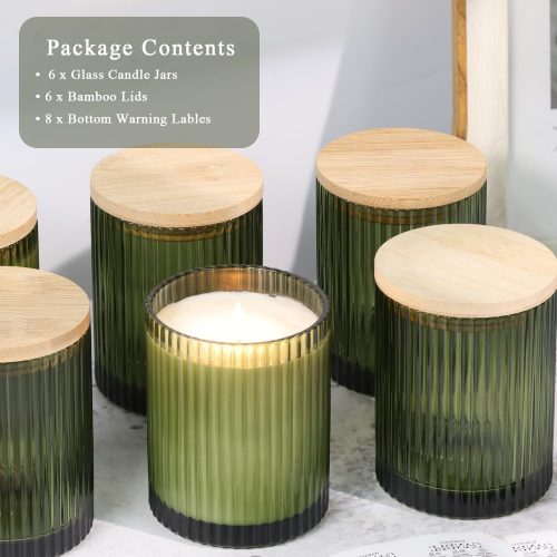 4 LAMORGIFT 14OZ Olive Green Glass Candle Jars for Making Candles, 6 Pack - Empty Candle Jars Bulk with Bamboo Lids and Accessories, Ribbed Candle Vessels Containers for Candle Making