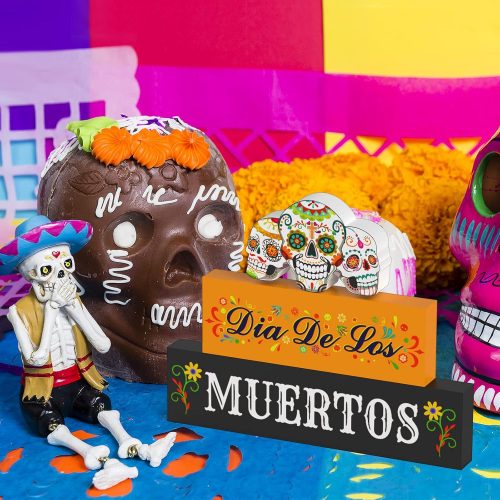 4 Vicenpal 3 Pieces Day of the Dead Decorations Dia De Los Muertos Wooden Blocks Sugar Skull Wooden Sign Day of the Dead Table Centerpiece Decor for Mexican Halloween Home Decorations
