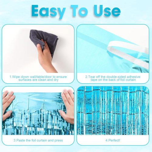 4 3 Pack 3.3x8.2 Feet Light Blue Foil Fringe Backdrop Curtains, Tinsel Streamers Birthday Party Decorations, Fringe Backdrop for Graduation, Baby Shower, Gender Reveal, Disco Party