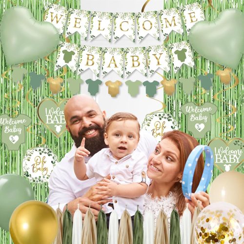 4 Sage Green Baby Shower Decorations,155 pcs Neutral Baby Shower Decor Supplies, welcome baby banner, Disposable "OH BABY" Balloon Arch, Paper Tassels, tablecloths