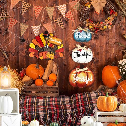 4 Thanksgiving Decoration Wood Pumpkin Turkey Door Wall Wreath for Front Door Sign Thankful Blessed Grateful, Pumpkin Sign for Fall Autumn Harvest Home Thanksgiving Party Outdoor Halloween Decoration