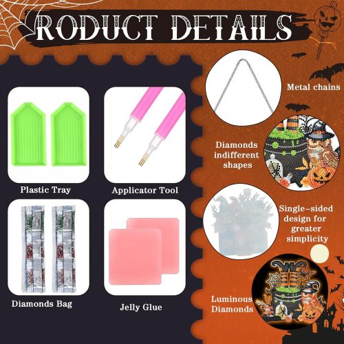 6 Pcs Halloween Diamond Art Painting Kits Hanging Sign Set Witch Pumpkin Gnome Glow in The Dark Diamond Art Painting Kits Halloween Hanger Adult 5d DIY Craft for Wall Door Window Porch Decor