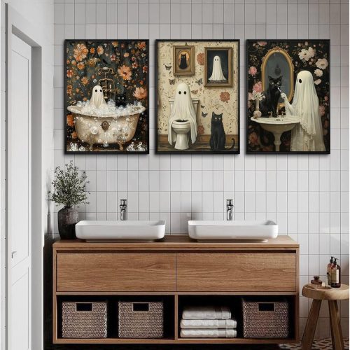 Halloween Gothic Wall Art Decor Bathroom Goth Funny Canvas Poster Dark Academia Wall Decor Horror Ghost Pictures Spooky Witchy Prints Cute Black Cat Paintings for Bathroom 8x10x3 Inch Unframed