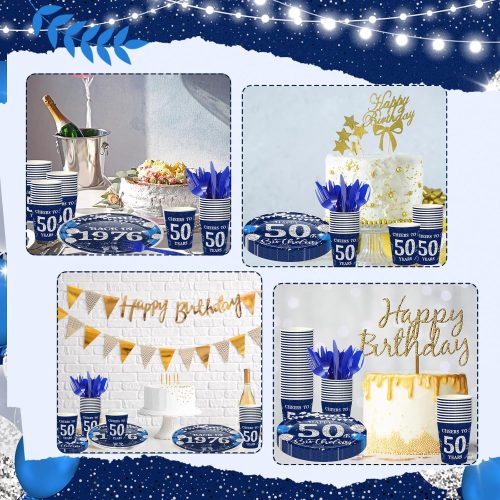 4 240 Pcs 50th Birthday Decorations Birthday Party Tableware Include Plates Napkins 9oz Cups Cutlery Anniversary Dinnerware Party Supplies for Men Women Him Her, Serve 30 Guests (Blue Silver)