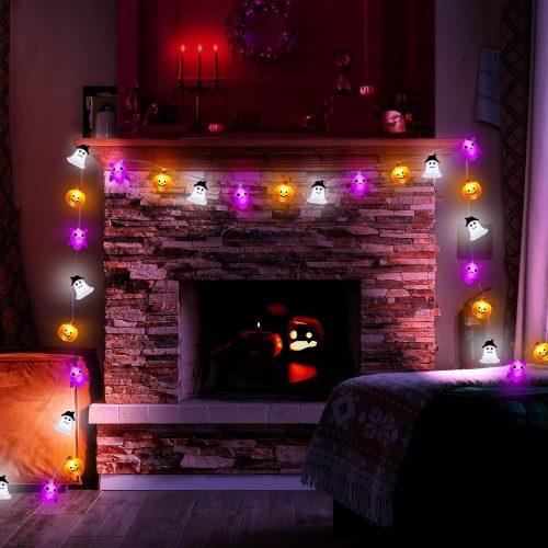 4 Halloween Lights Decorations, 16.4 FT 30 LED Pumpkin Bat Ghost Spooky Battery Operated Cute Orange and Purple String Lights Cozy Remote Timer 8 Lighting Modes Twinkle Indoor Outdoor Window Porch Decor