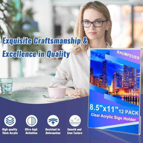 4 12 Pack Acrylic Sign Holder 8.5 x 11, Clear Plastic Wall Sign Holder with Adhesive Tape Wall Mount Display Stand Paper Holder for Menu, Office, Home, Store, Restaurant No Drilling Needed