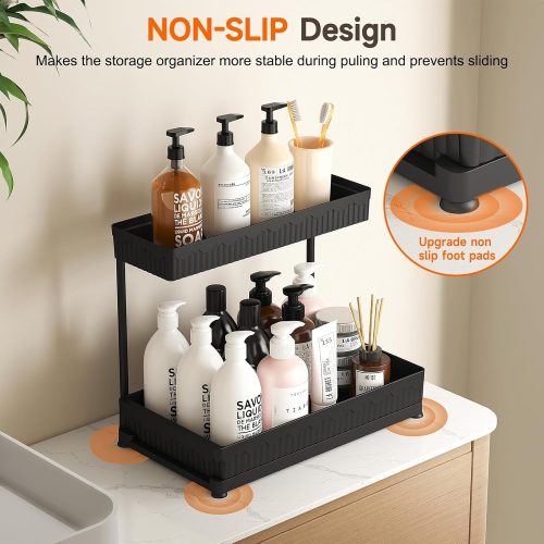 4 3 Pack Multi-Purpose Under Sink Organizers and Storage, 2025 L-Shaped Pull Out Cabinet Organizer for Bathroom & Kitchen, Under Cabinet Organizer with Hooks Hanging Cup, Black
