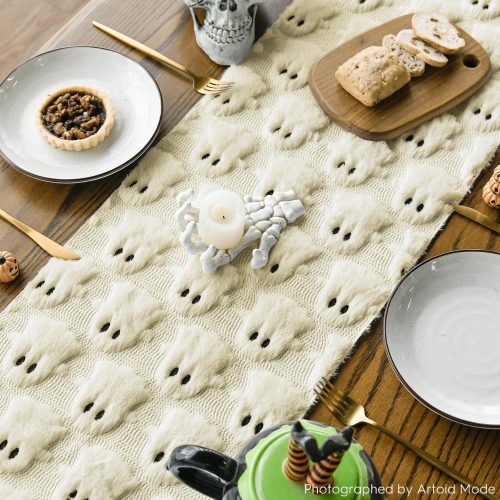 4 Artoid Mode Beige Ghost Soft Plush Faux Fur Jacquard Halloween Table Runner, Holiday Kitchen Dining Table Decoration for Home Party Decor 13x72 Inch