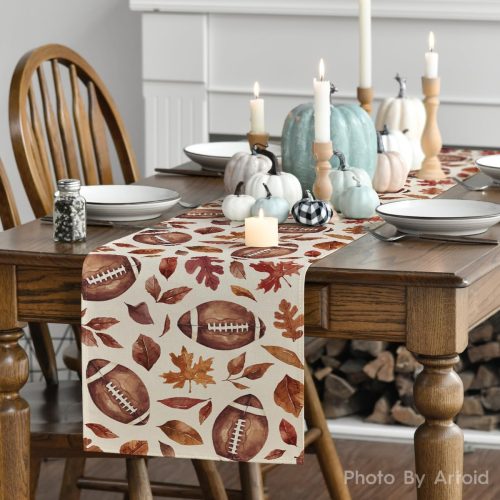 4 Artoid Mode Rugby Maple Leaves Football Fall Table Runner, Seasonal Harvest Autumn Kitchen Dining Table Decoration for Home Party Decor 13x72 Inch