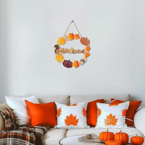 4 Fall Door Decor Pumpkin Maple Leaf Welcome Sign Wall Decor Wreath Wooden Front Door Hanger for Harvest Farmhouse Porch Indoor Outdoor Home Decorations