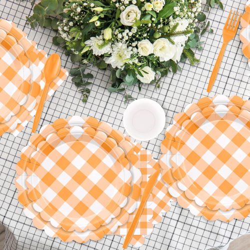 4 WNINK 175 PCS Orange Gingham Plates and Napkins, Orange Checkered Disposable Plates Set with Napkins Cups Plastic Spoons Forks Knives for Dinner Birthday Baby Shower Wedding Supplies Serve 25 Guests