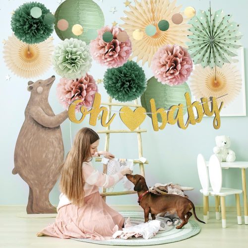 4 Dusty Rose and Sage Green Baby Shower Decorations Boho Oh Baby Shower Decorations Sage Green Dusty Pink Pom Poms Lanterns Beige Fans Olive and Pink Party Decor with Banner Gold for Girls