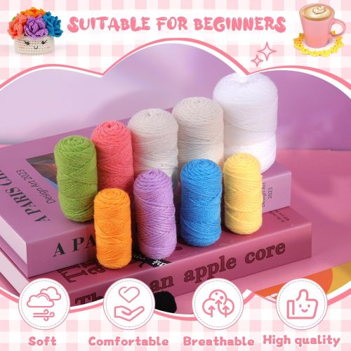 4 Hssugi Crochet Kit for Beginners, 6PCS Crochet Starter Kit, Potted Plant Coasters Crochet Kit with Step-by-Step Video Tutorials, Crochet Hooks, Learn to Crochet Kits for Adult Beginners