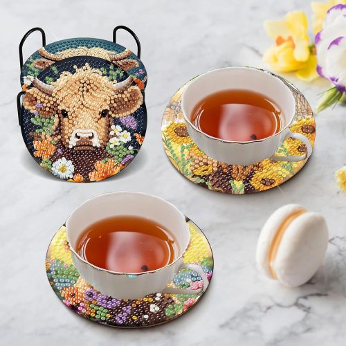4 8 Pcs Diamond Art Painting Coasters Diamond Art Coasters with Holder, DIY Cow Coaster Diamond Painting Kits for Adults Beginners, Diamond Art Kits for Adults Arts and Crafts Supplies