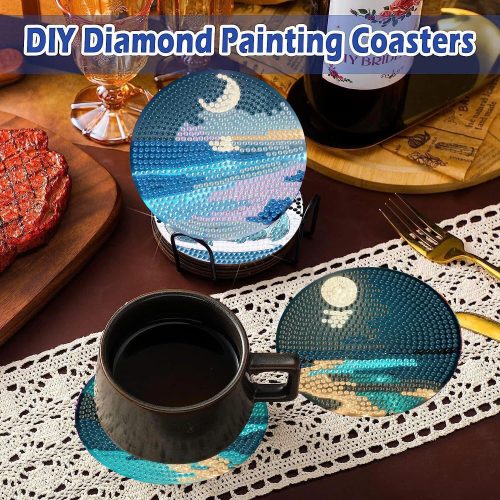 4 Beach Diamond Art Coasters Kit for Adults - 8 Pcs Diamond Painting Coasters Kit with Holder,Moon Landscape Diamond Art Kits for Adults Coasters Arts and Crafts Kits for Gifts
