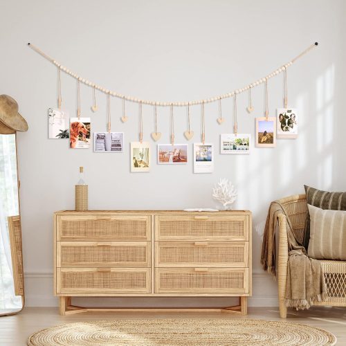 4 Hanging Photo Display Room Wall Decor, Boho Collage Picture Frame Christmas Cards Holder with 9 Wood Clips and 6 Wooden Hearts Tags, Xmas Card Display for Bedroom, Office, Nursery, Dorm Decor, 2 Pack