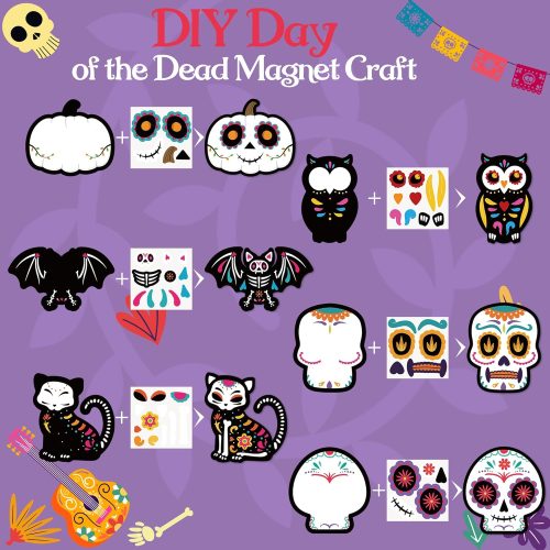 4 Haooryx DIY Day of The Dead Magnet Craft Kit - 30 Set Make Your Own Dia de Los Muertos Sugar Skull Decoration Sticker Craft Halloween Mexican Festival Party Supply Kid Art Project Bulletin Board Decor